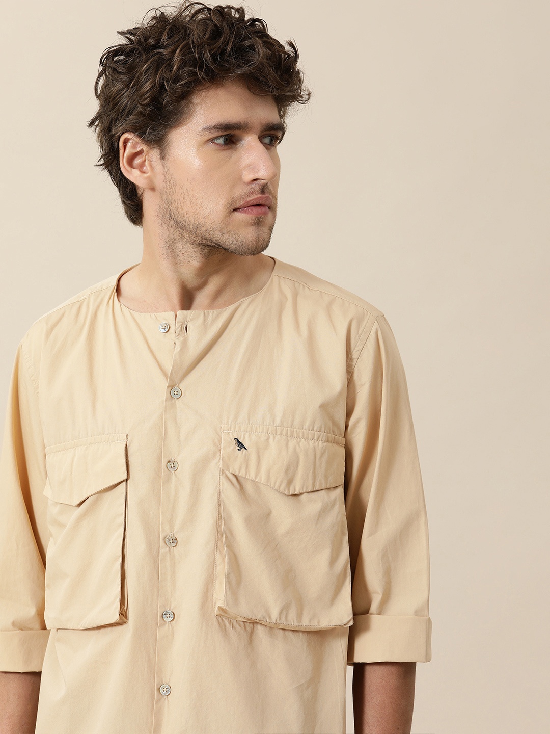 

Mr Bowerbird Men Beige Cotton Double Pocket Casual Shirt