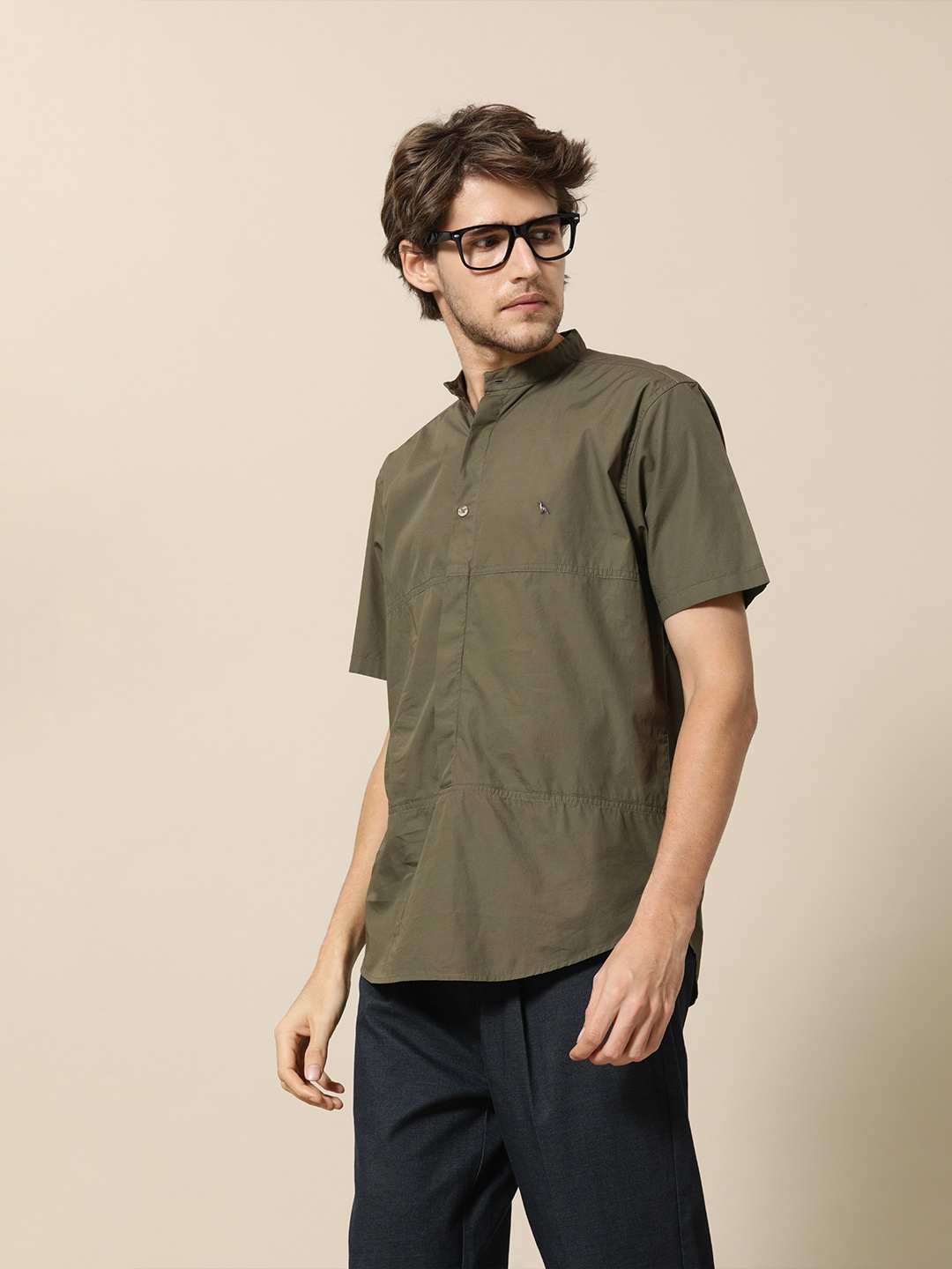 

Mr Bowerbird Men Olive Green Solid Liberal Fit Pure Cotton Panelled Casual Shirt