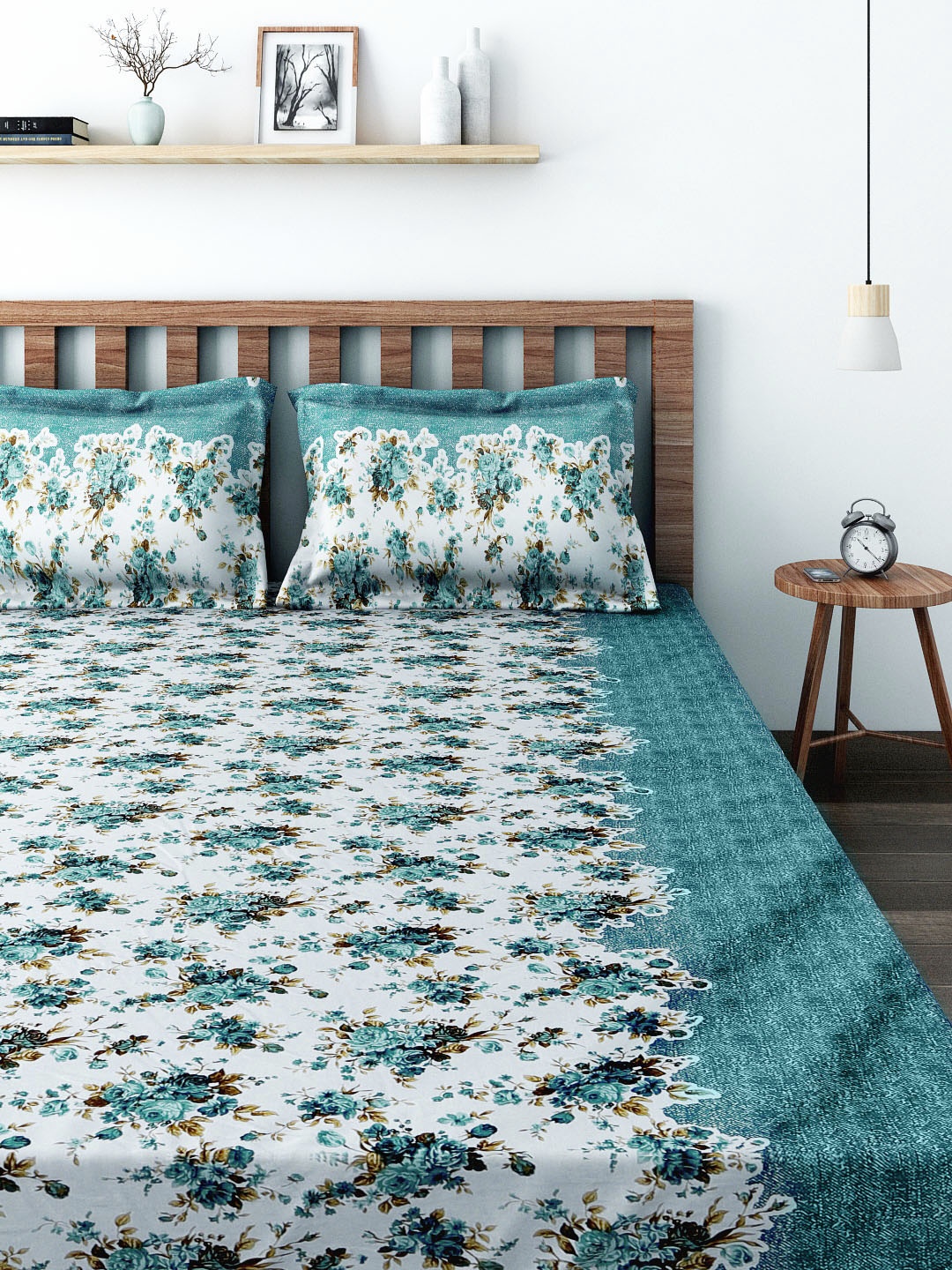 

SWAYAM Blue & White 120 TC Polycotton Double Fitted Bedsheet with 2 Pillow Covers