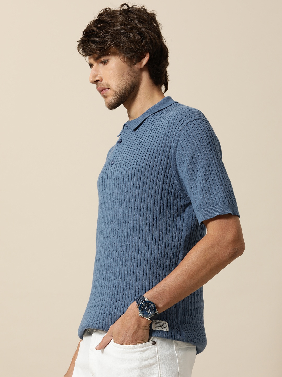 

Mr Bowerbird Men Blue Cable Knit Tailored Fit Polo Collar T-shirt