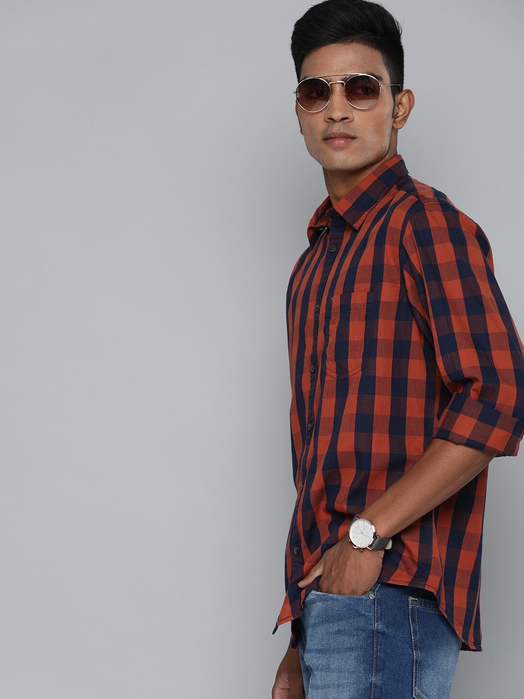 

Indian Terrain Men Rust Orange Slim Fit Checked Casual Shirt