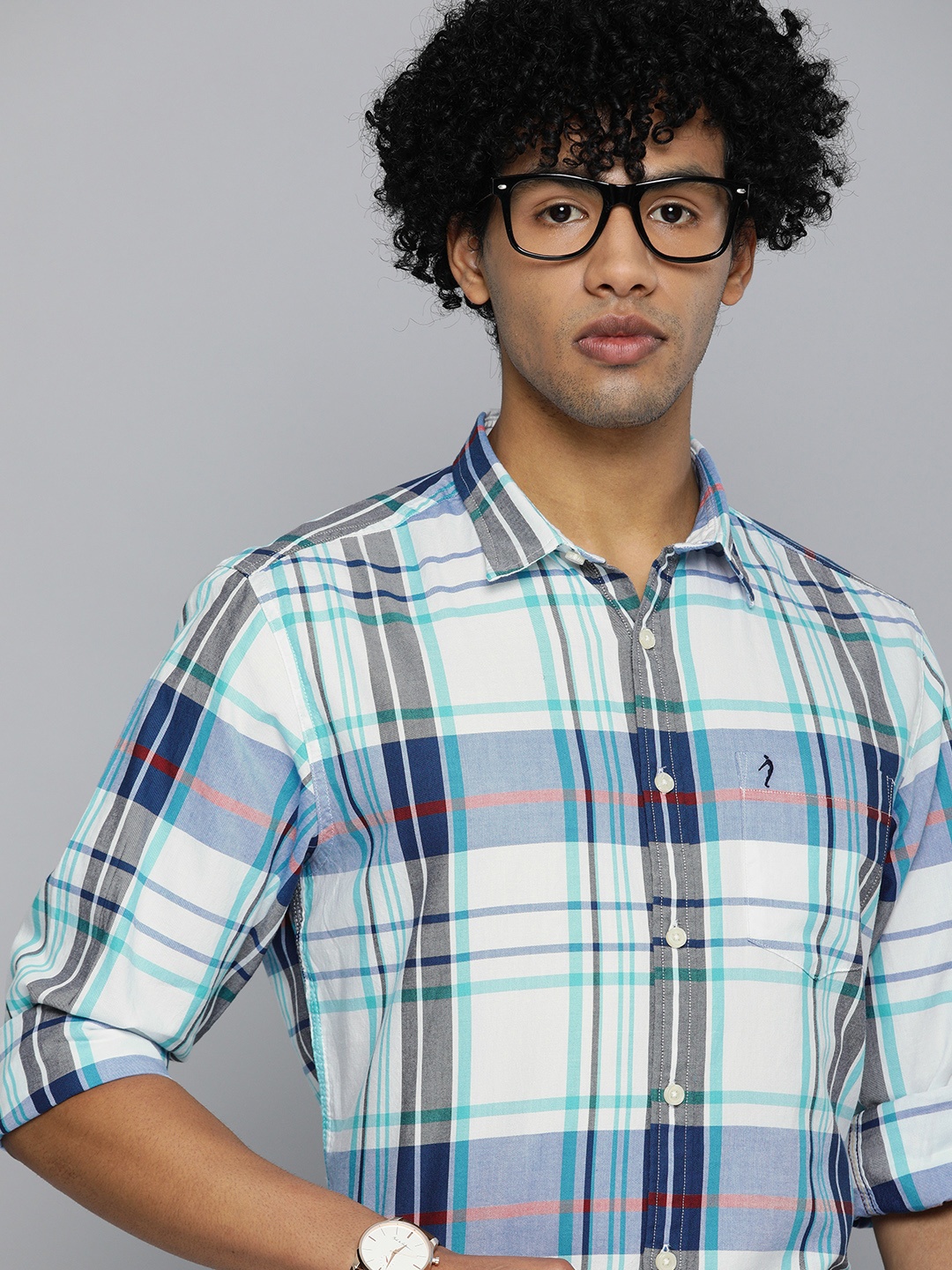 

Indian Terrain Men White & Blue Slim Fit Checked Smart Casual Shirt