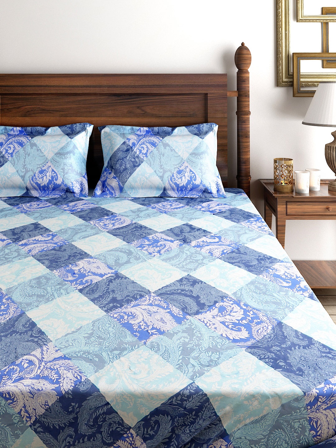 

SWAYAM Blue Paisley Print 144 TC Cotton Double Fitted Bedsheet with 2 Pillow Covers