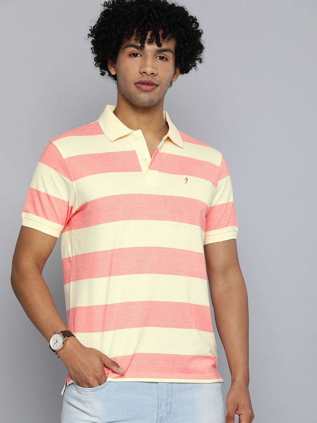 

Indian Terrain Men Pink & Beige Striped Pure Cotton Polo Collar T-shirt
