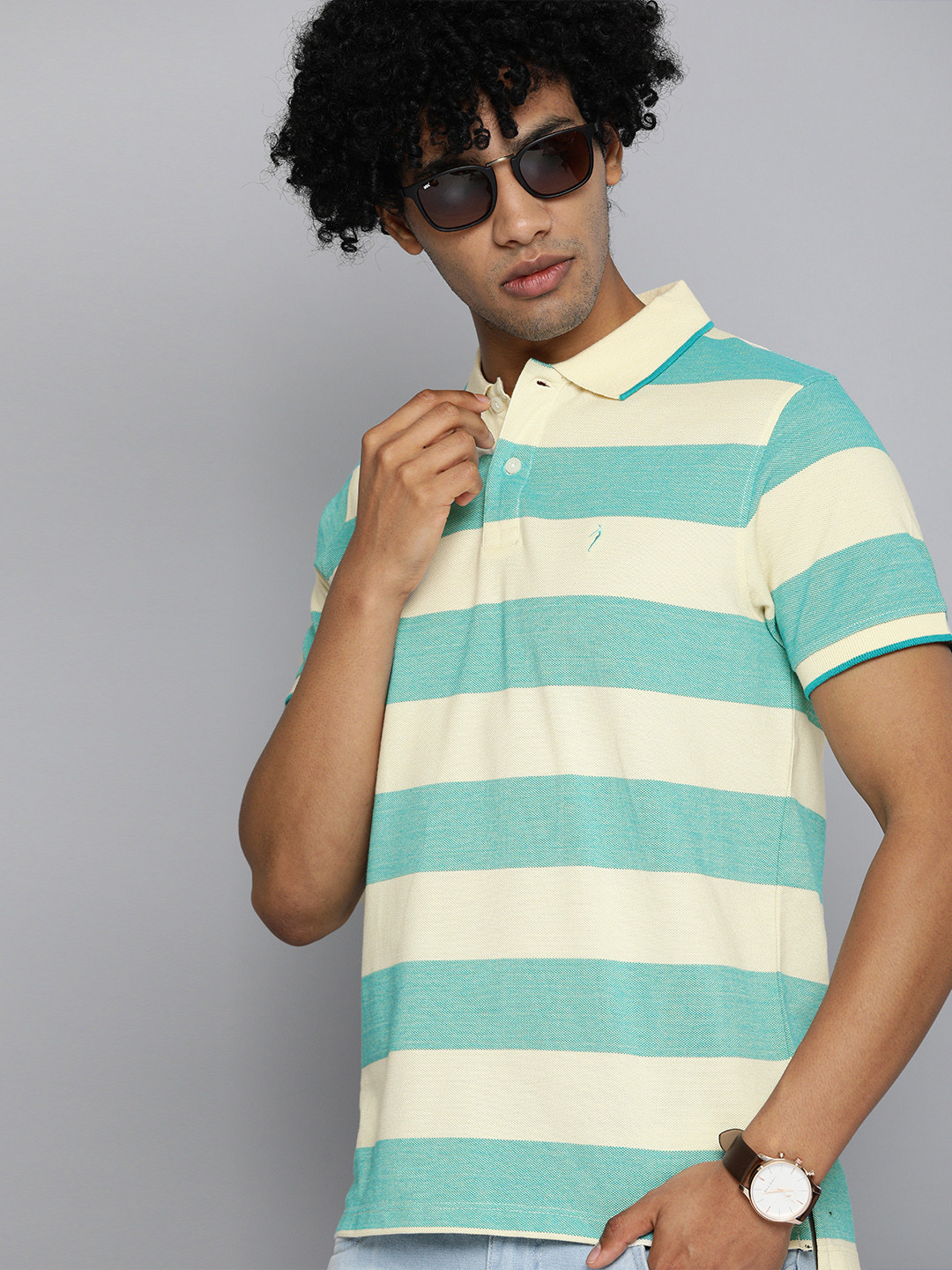 

Indian Terrain Men Sea Green & Beige Striped Polo Collar T-shirt