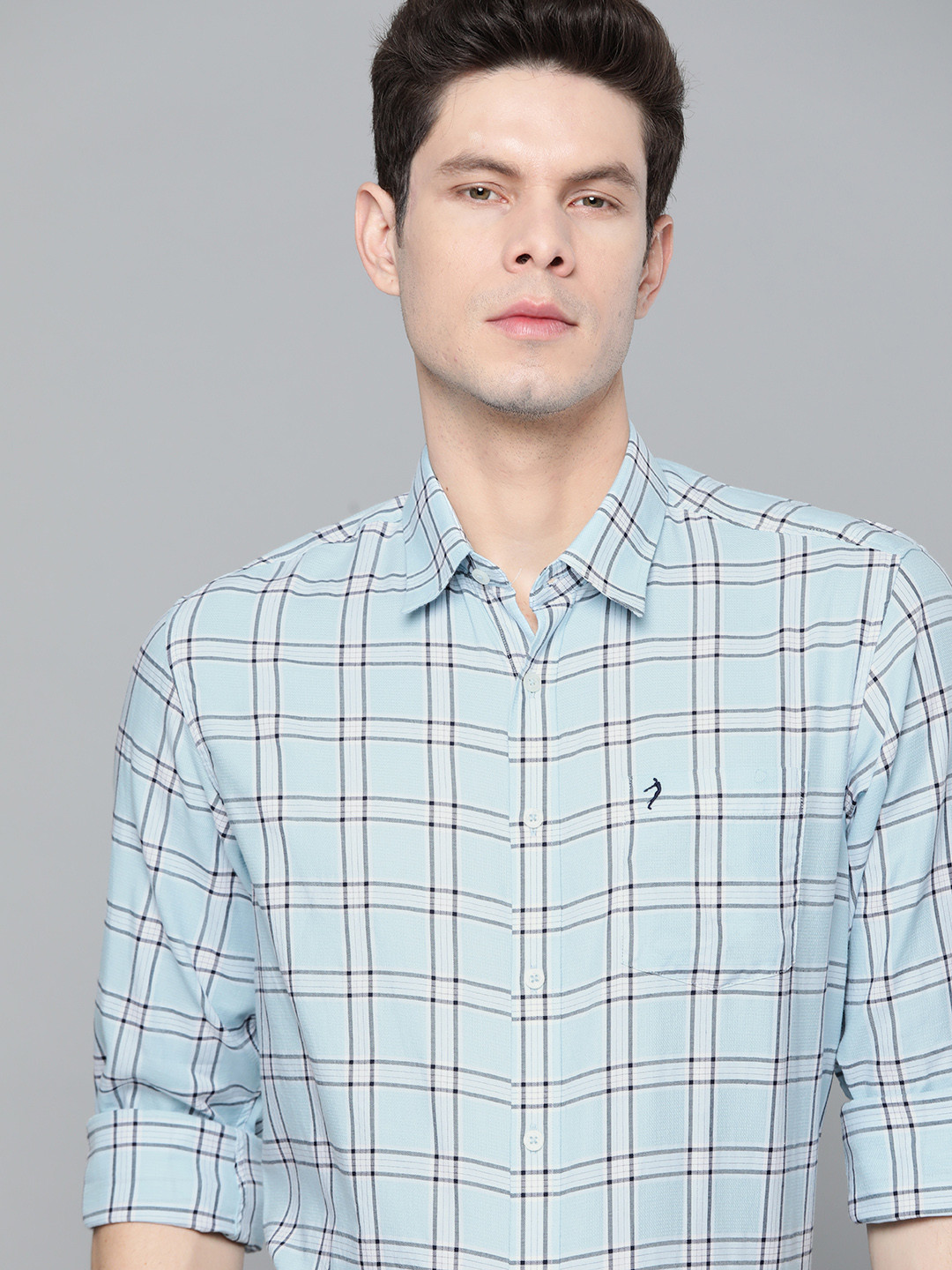 

Indian Terrain Men Blue Pure Cotton Slim Fit Checked Casual Shirt