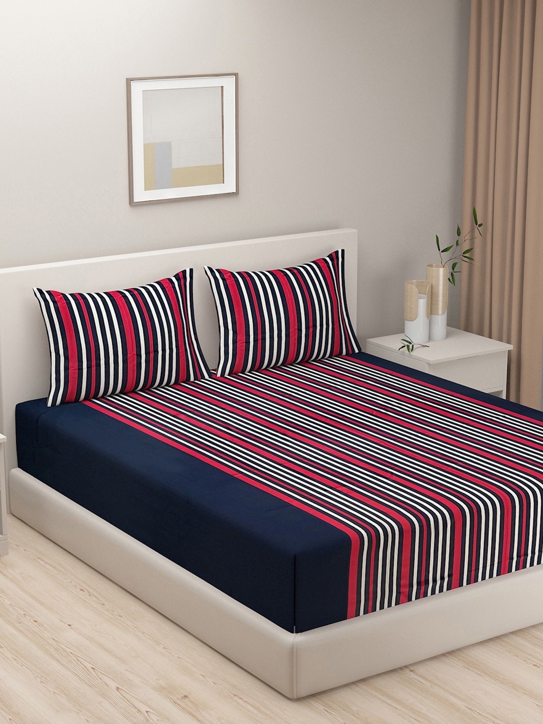 

SWAYAM Blue Megical Linea Striped 240 TC 100% Cotton King Fitted Bedsheet Set