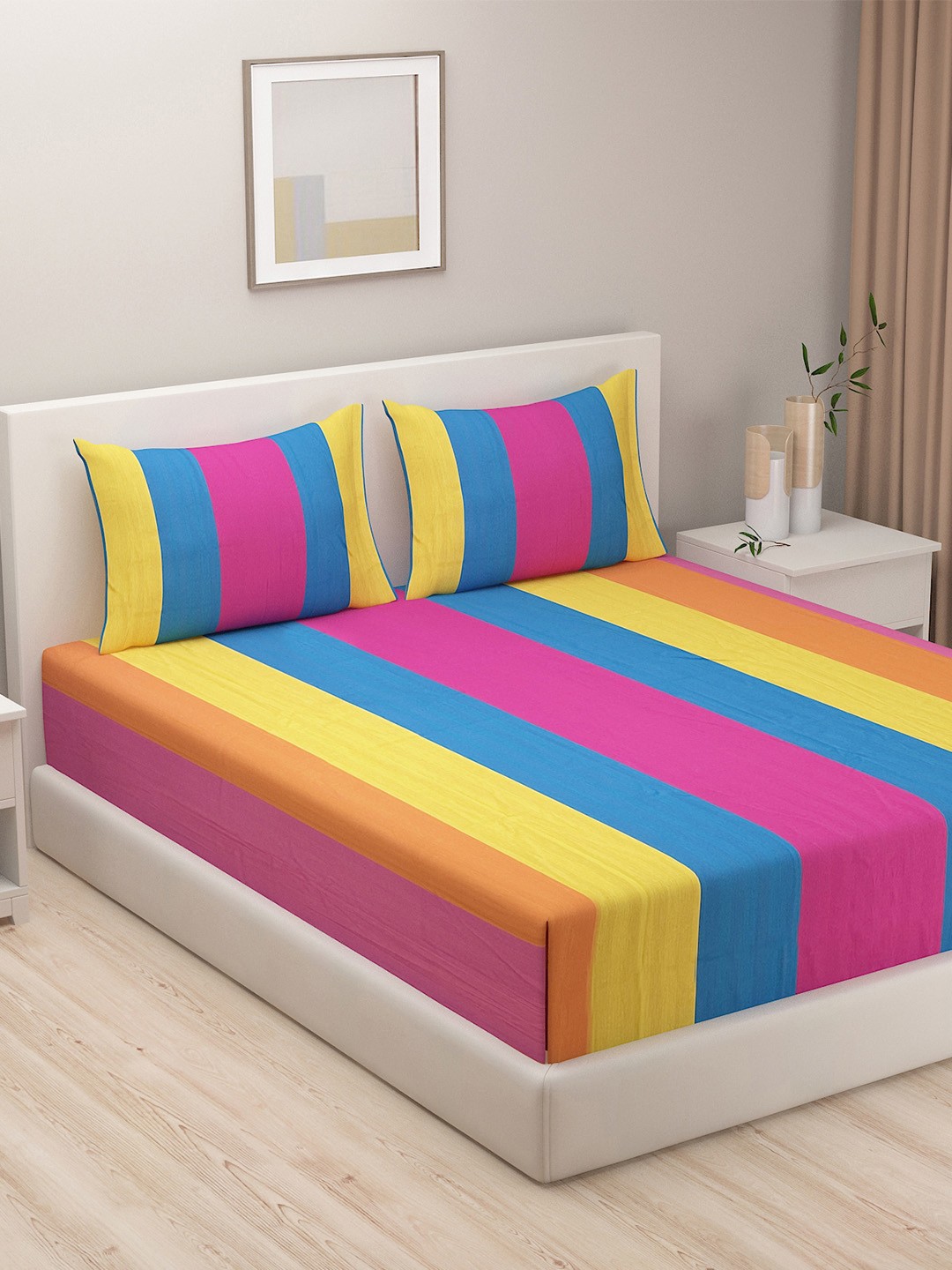 

SWAYAM Multicoloured 220 TC Fine Cotton Double Fitted Bedsheet with 2 Pillow Covers, Multi