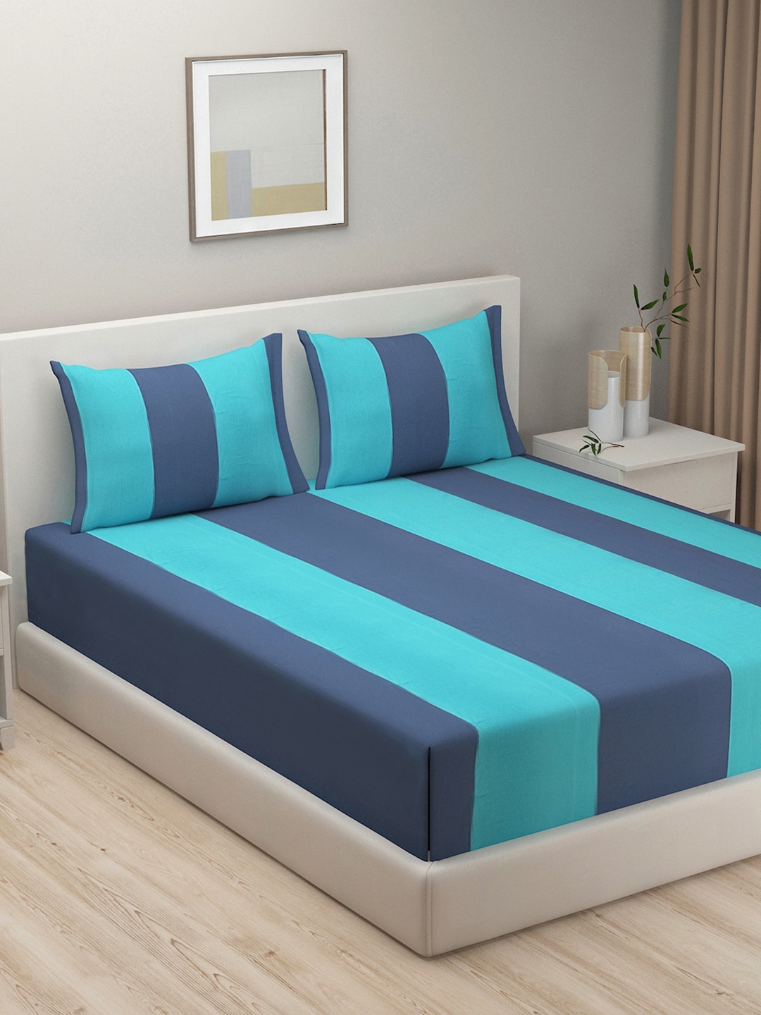 

SWAYAM Blue Megical Linea Striped 240 TC 100% Cotton King Fitted Bedsheet Set