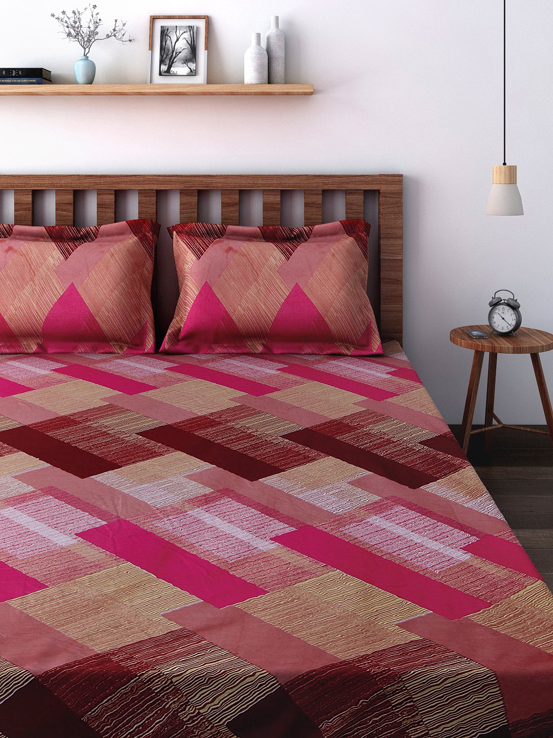 

SWAYAM Pink & Beige 220 TC Fine Cotton Double Fitted Bedsheet with 2 Pillow Covers