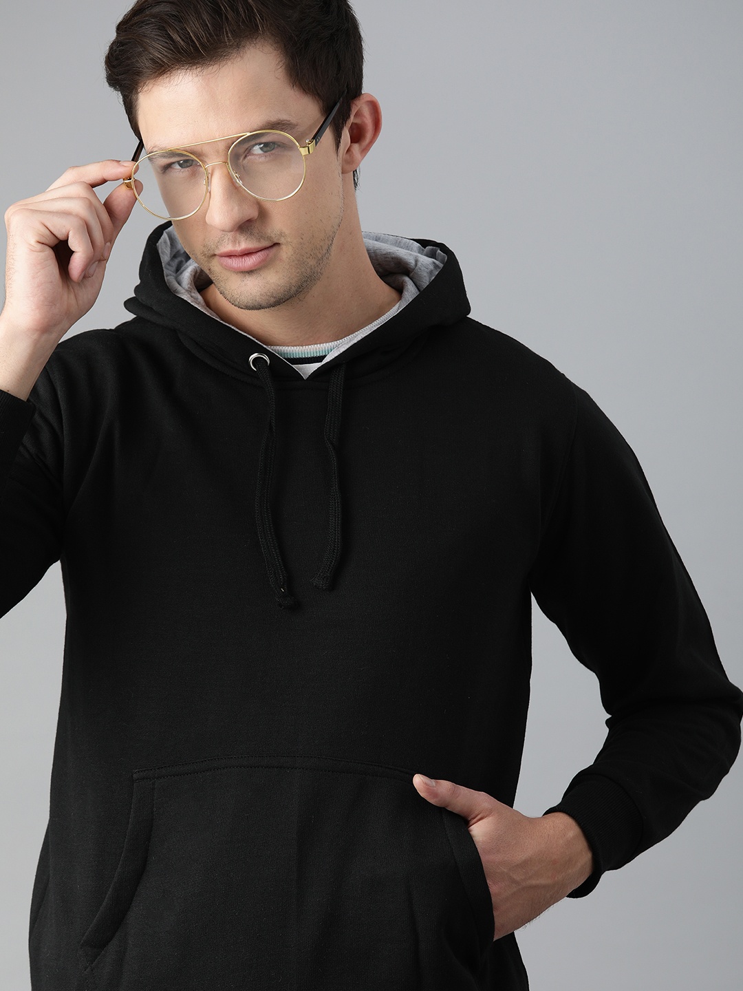 

ADBUCKS Men Black Solid Cotton Hooded Sweatshirt