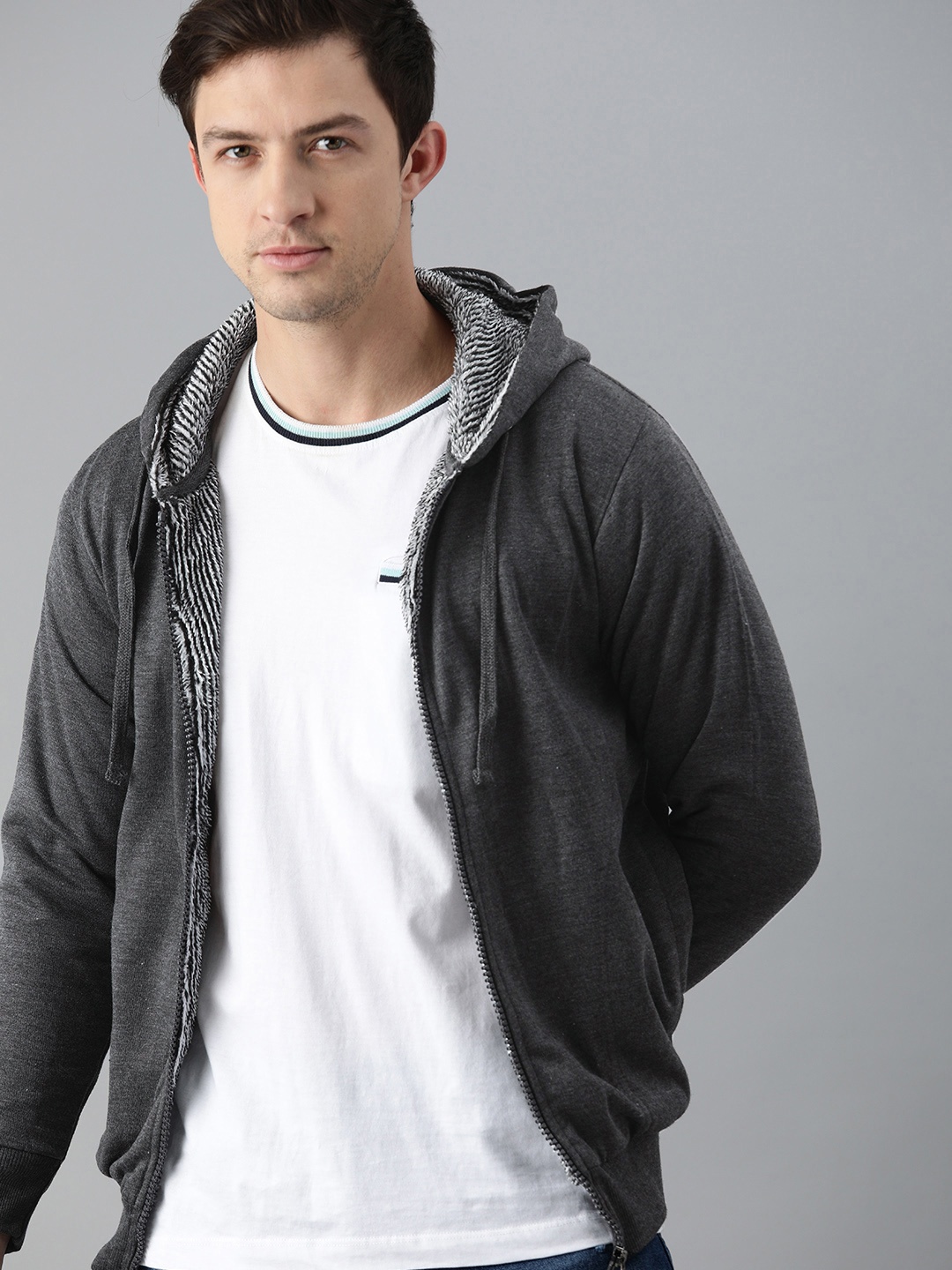 

ADBUCKS Men Charcoal Grey Solid Cotton Hooded Sweatshirt