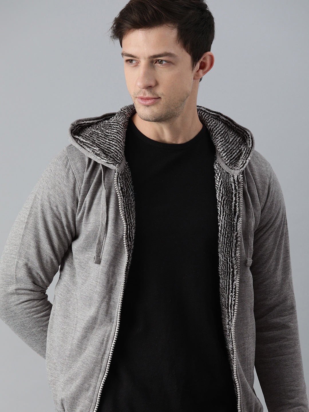 

ADBUCKS Men Grey Melange Cotton Hooded Sweatshirt