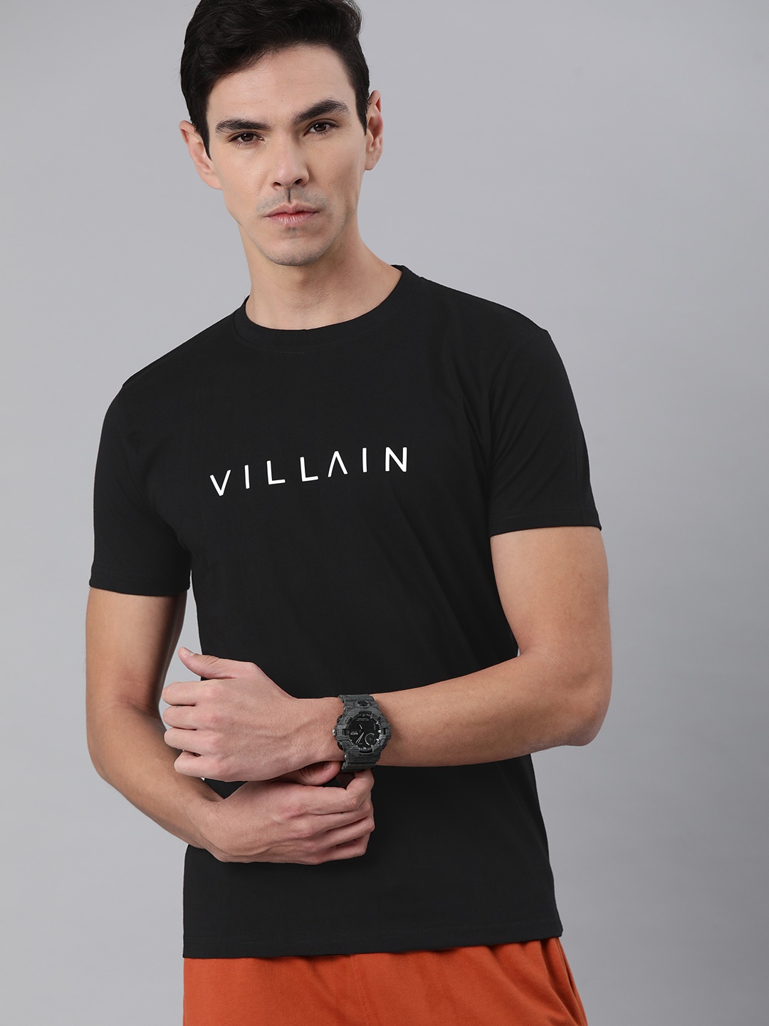 

VILLAIN Men Black & White Brand Logo Print Cotton Round Neck T-shirt