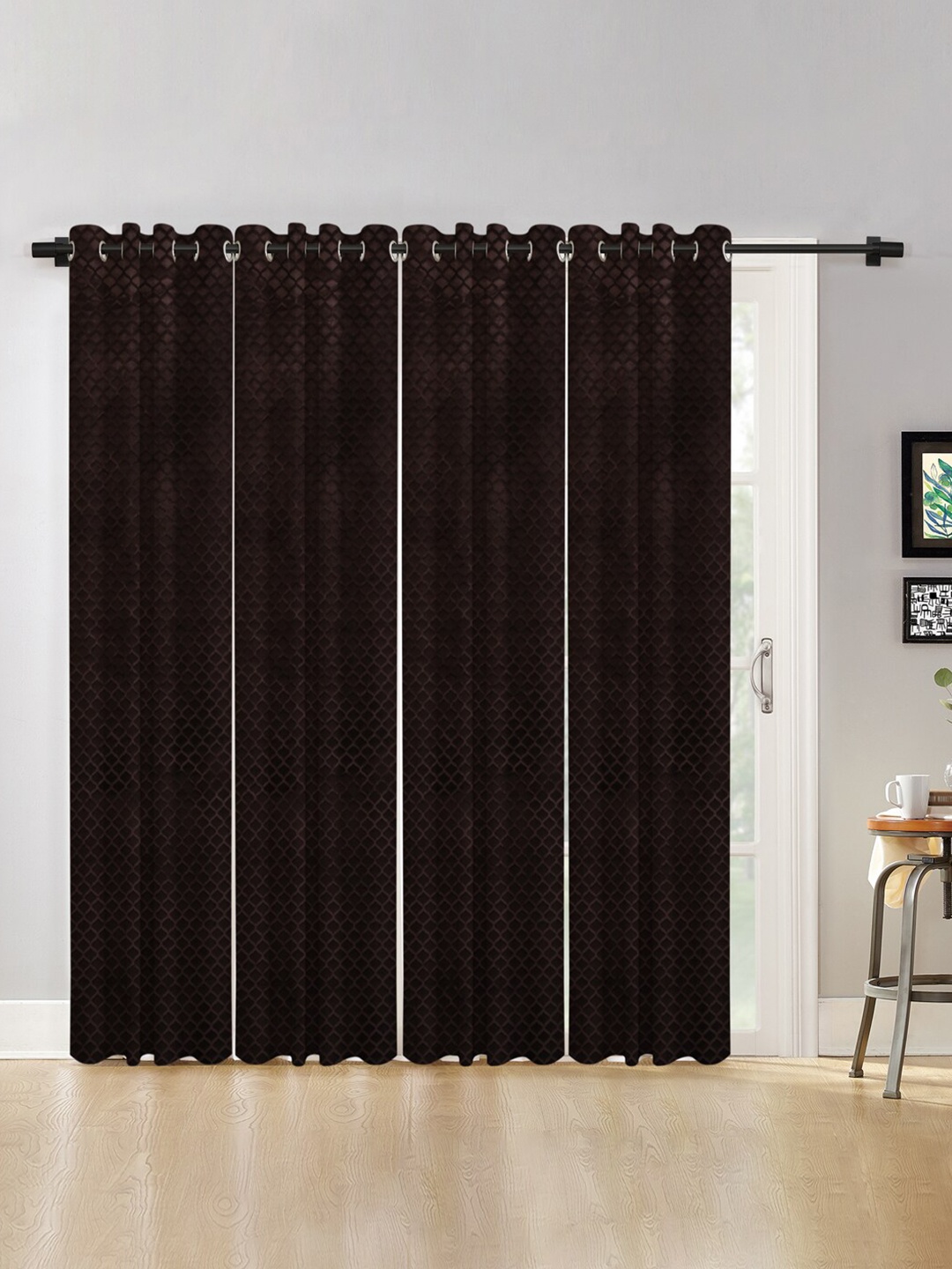 

HOSTA HOMES Coffee Brown Set of 4 Geometric Long Door Curtains