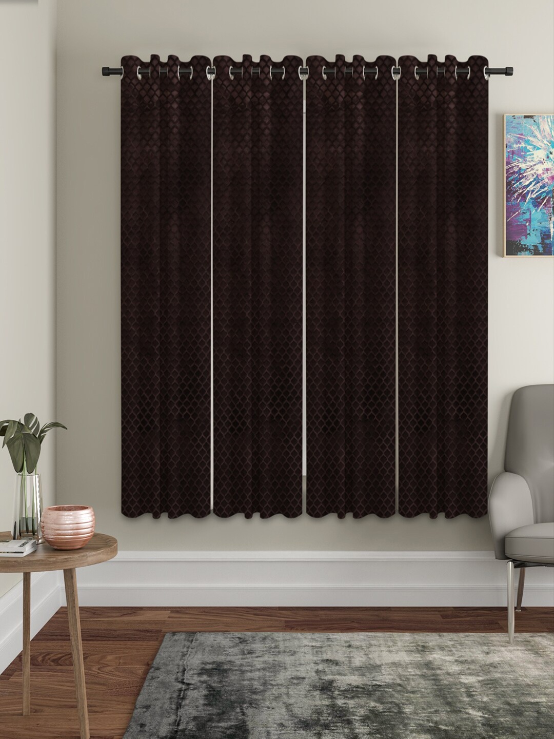 

HOSTA HOMES Coffee Brown Set of 4 Geometric Window Curtains