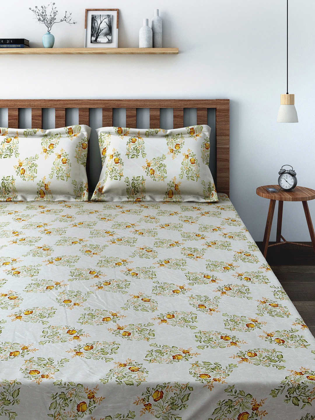 

SWAYAM Off-White Floral Print 180 TC Cotton Double Bedsheet with 2 Pillow Covers