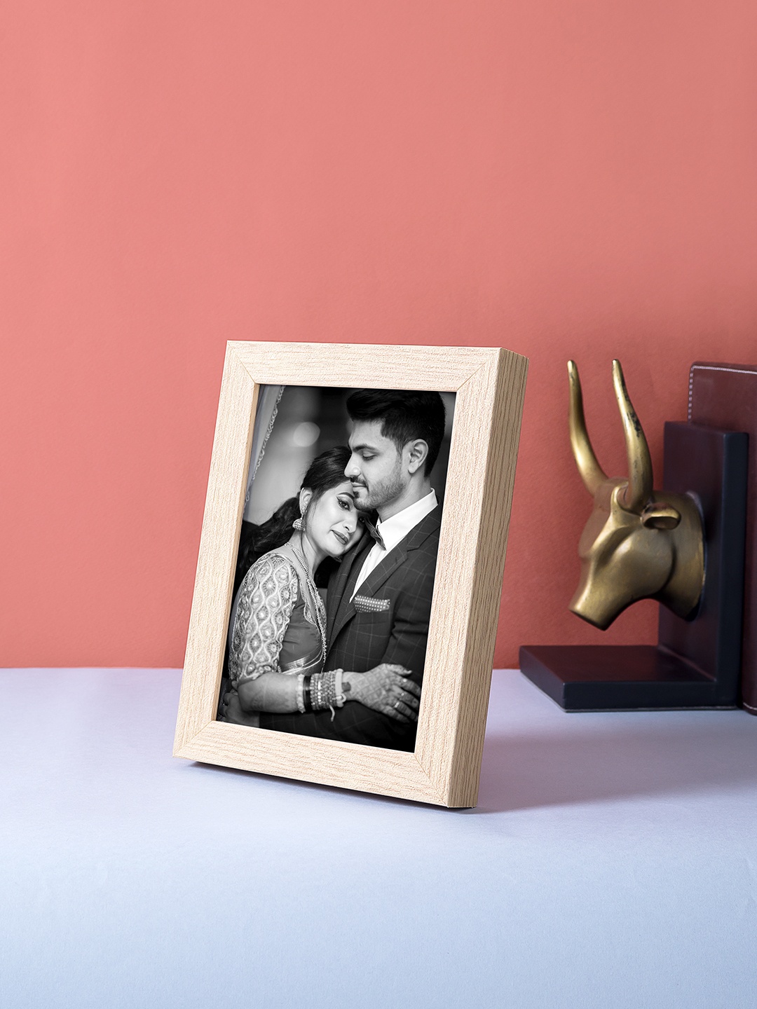 

Golden Peacock Brown Solid Wooden Table Top Photo Frame