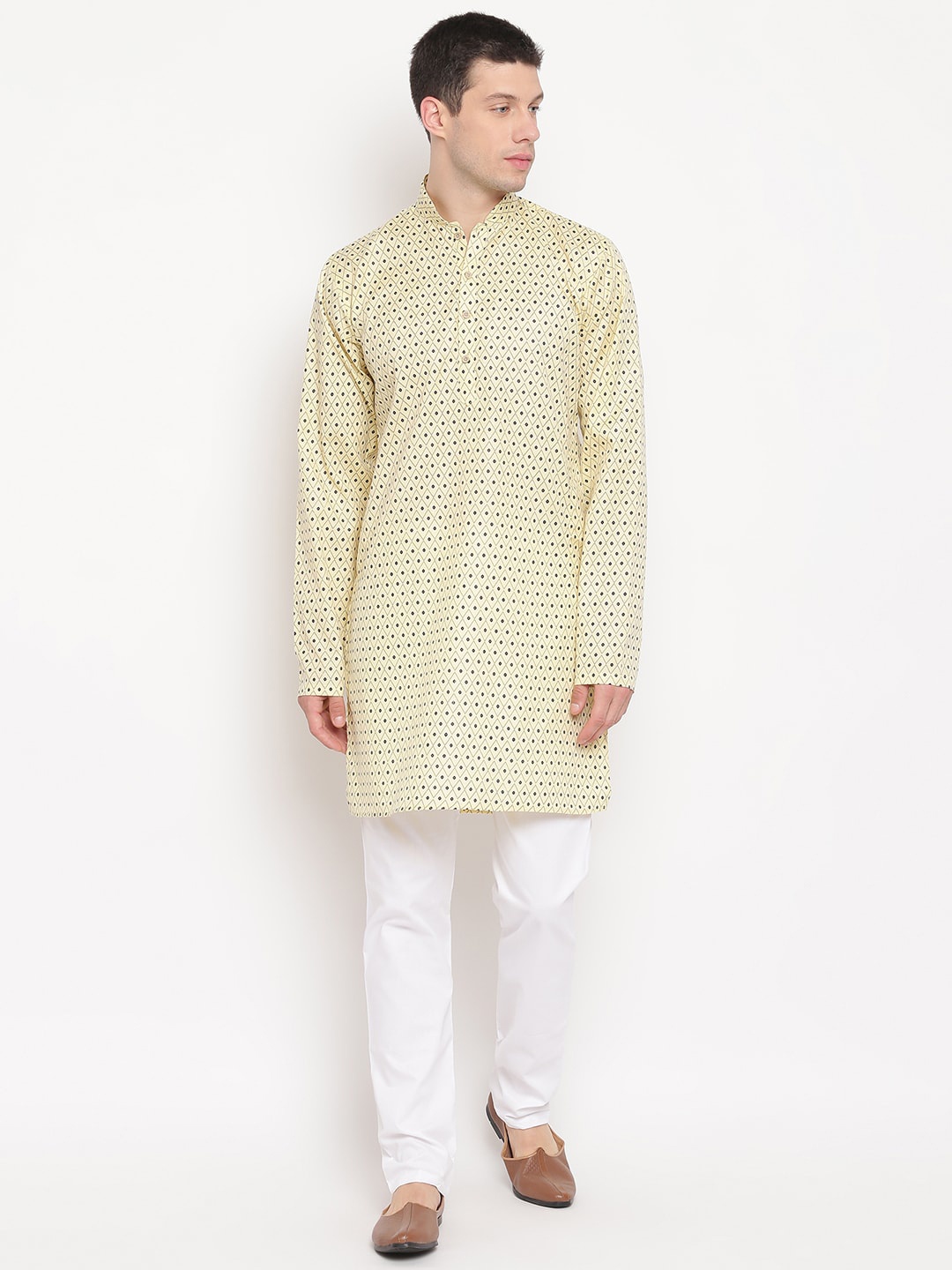 

Aj DEZInES Men Yellow Printed Angrakha Pure Cotton Kurta with Churidar