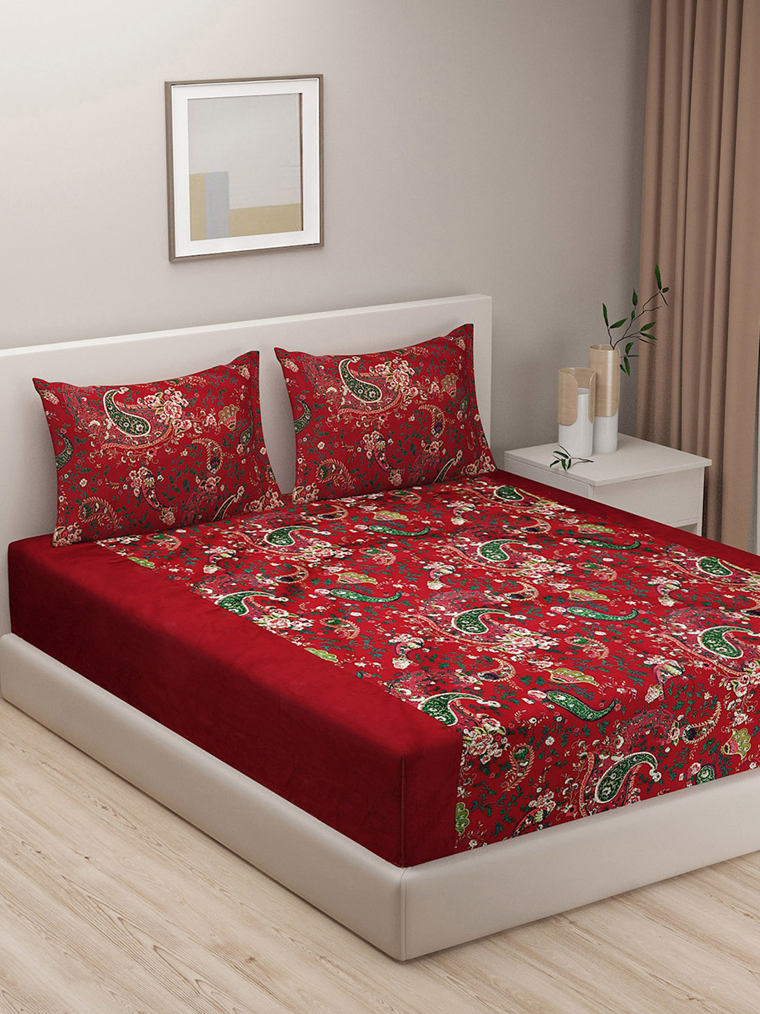 

Swayam Shades of Paradise Paisleys in Crimson Garden 200TC Cotton King Fitted Bedsheet Set, Burgundy