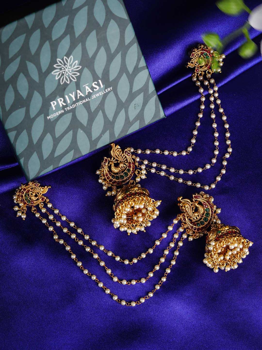 

Priyaasi Gold Plated White Stones Beaded Peacock Chained Jhumkas Earrings