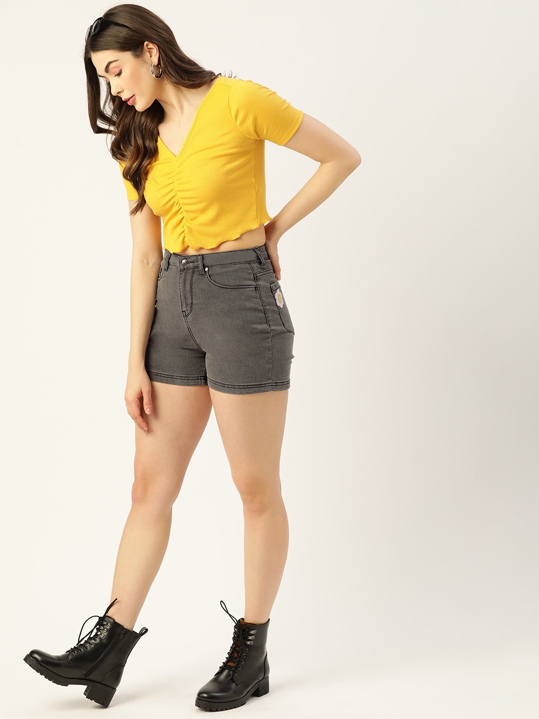 

DressBerry Women Charcoal Grey High-Rise Denim Shorts