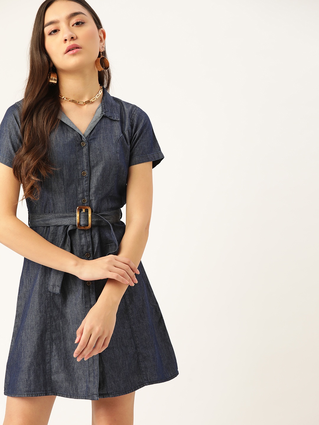 

DressBerry Women Navy Blue pure Cotton Shirt Dress with Belt