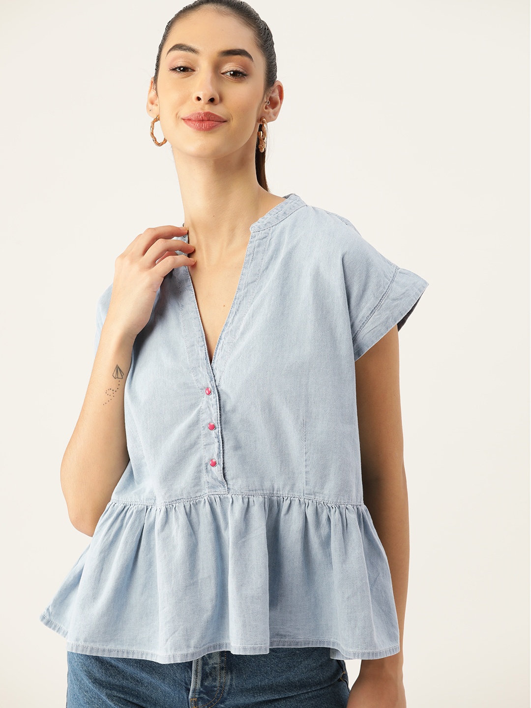 

DressBerry Blue Mandarin Collar Pure Cotton Extended Sleeves Indigo Chambray Top
