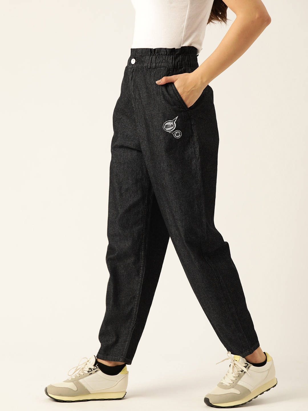 

DressBerry Women Black Pure Cotton Solid Slouchy Fit Denim Trousers