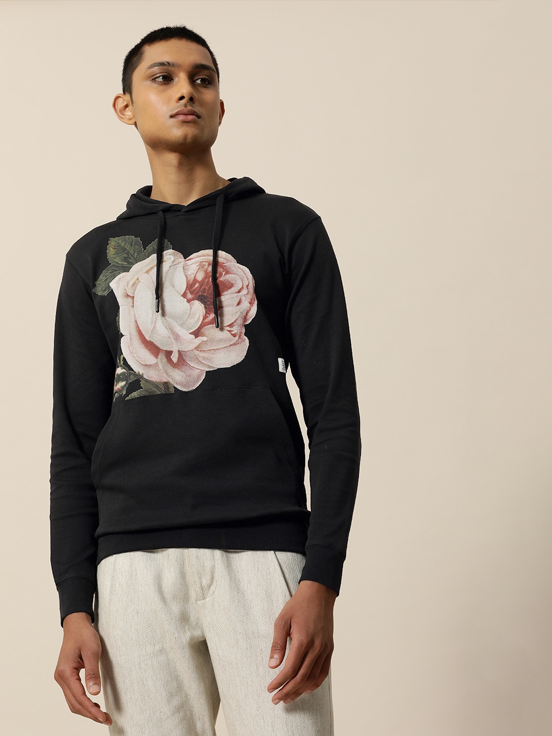 

Mr Bowerbird Men Black Floral Printed Hooded Pure Cotton Sweatshirt
