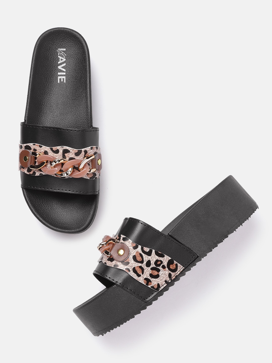 

Lavie Women Black & Brown Leopard Print Flatform Heels with Chain Detail