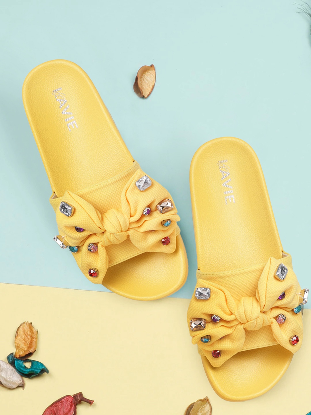

Lavie Women Yellow Embellished Flatform Heels with Bow Detail