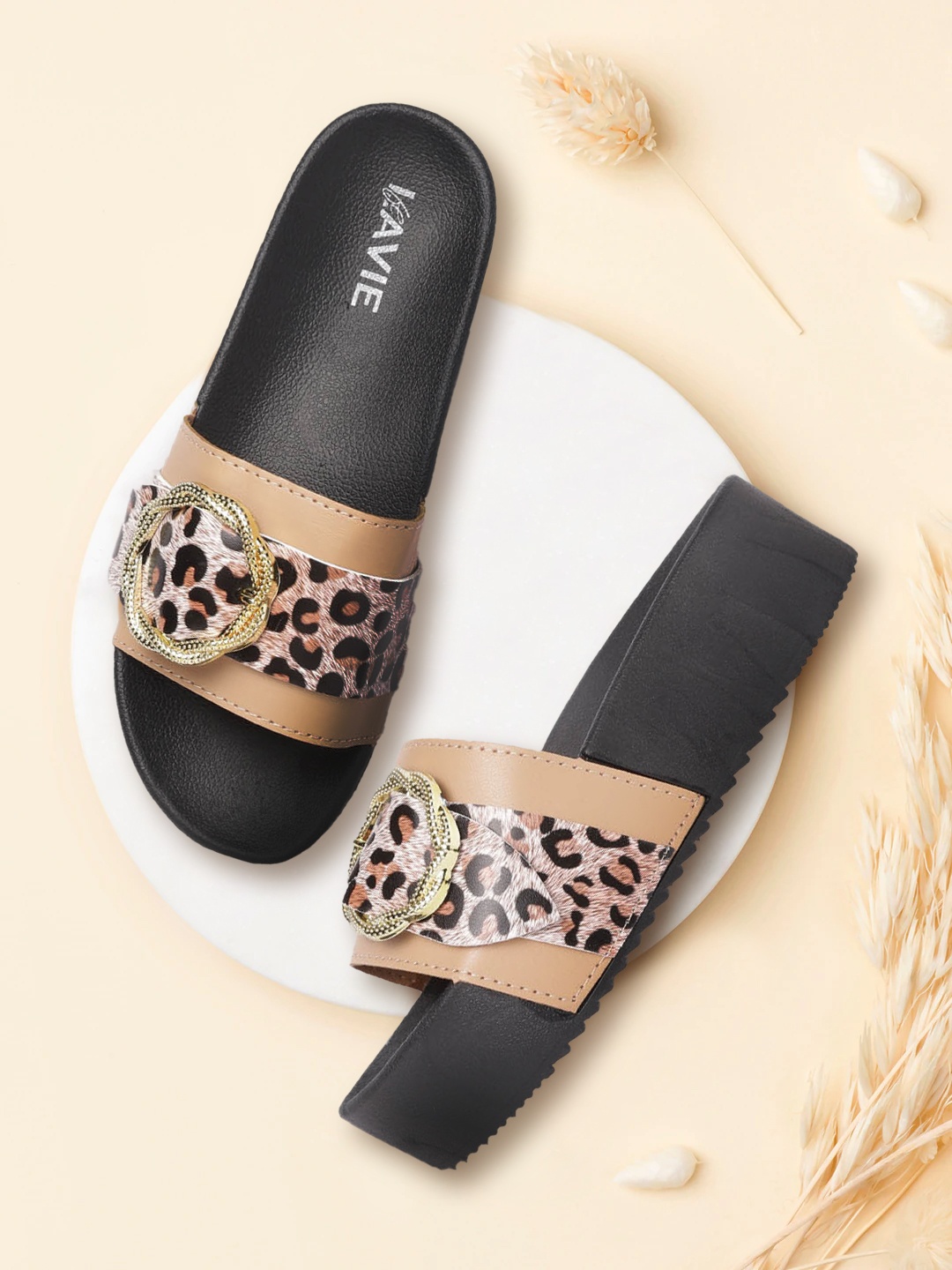 

Lavie Women Beige & Black Cheetah Print Flatform Heels with Buckle Detail