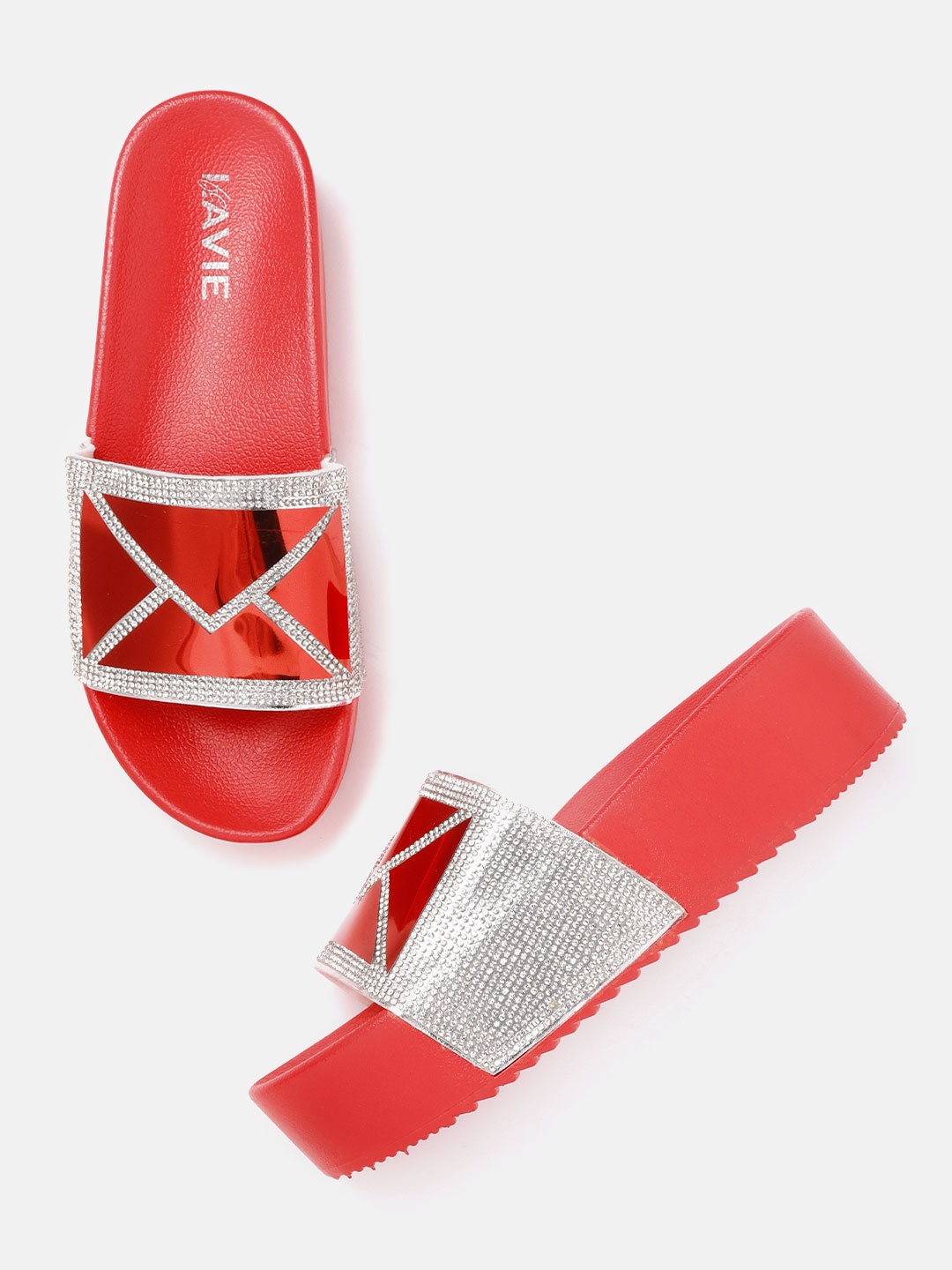 

Lavie Women Red & Silver-Toned Embellished Flatform Heels