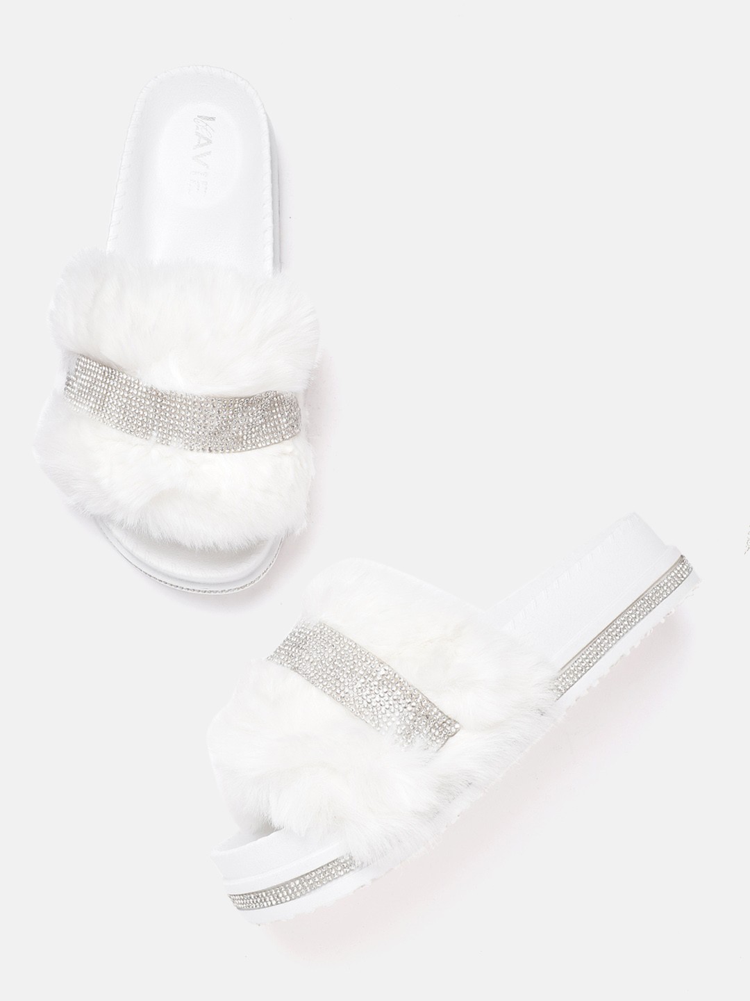 

Lavie Women White Embellished Faux Fur Open Toe Flats