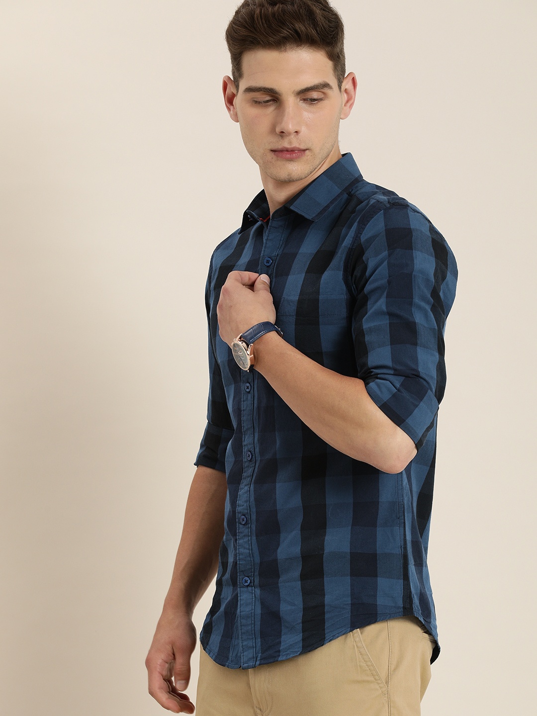 

INVICTUS Men Blue Tartan Checked Pure Cotton Casual Shirt