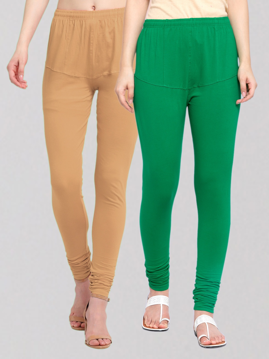 

KLOTTHE Women Pack Of 2 Beige & Green Solid Cotton Churidar-Length Leggings