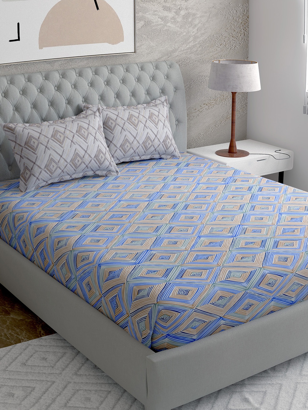 

EverHOME Blue & Brown Geometric 144 TC Queen Bedsheet with 2 Pillow Covers