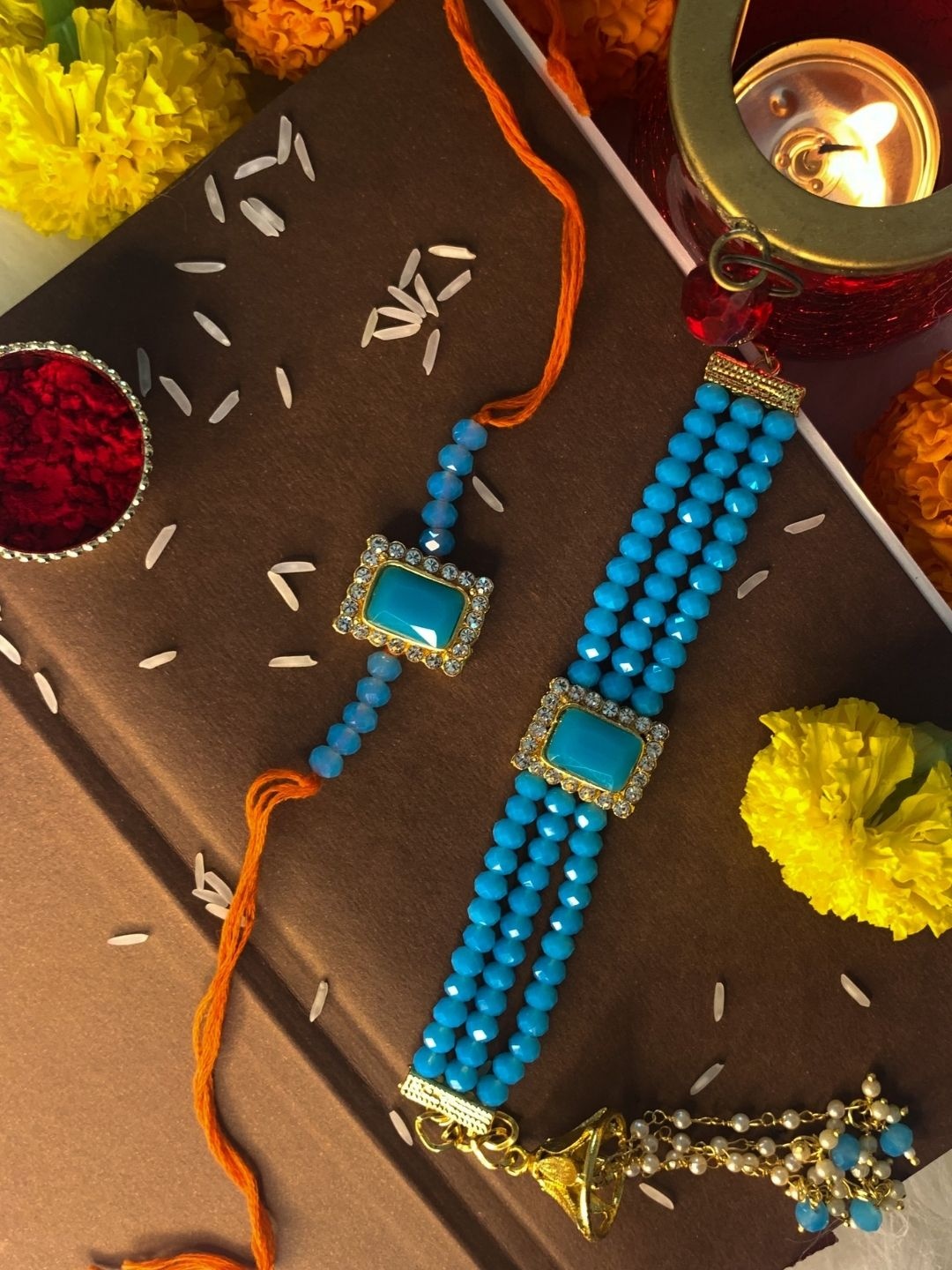 

I Jewels Set of 2 Stone Studded & Beaded Rakhi, Blue