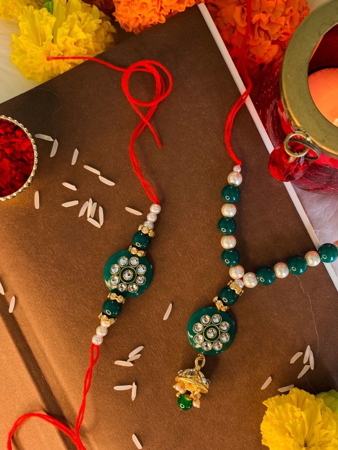 

I Jewels Set Of 2 Green Stone Studded & Beaded Bhaiya Bhabhi Rakhis