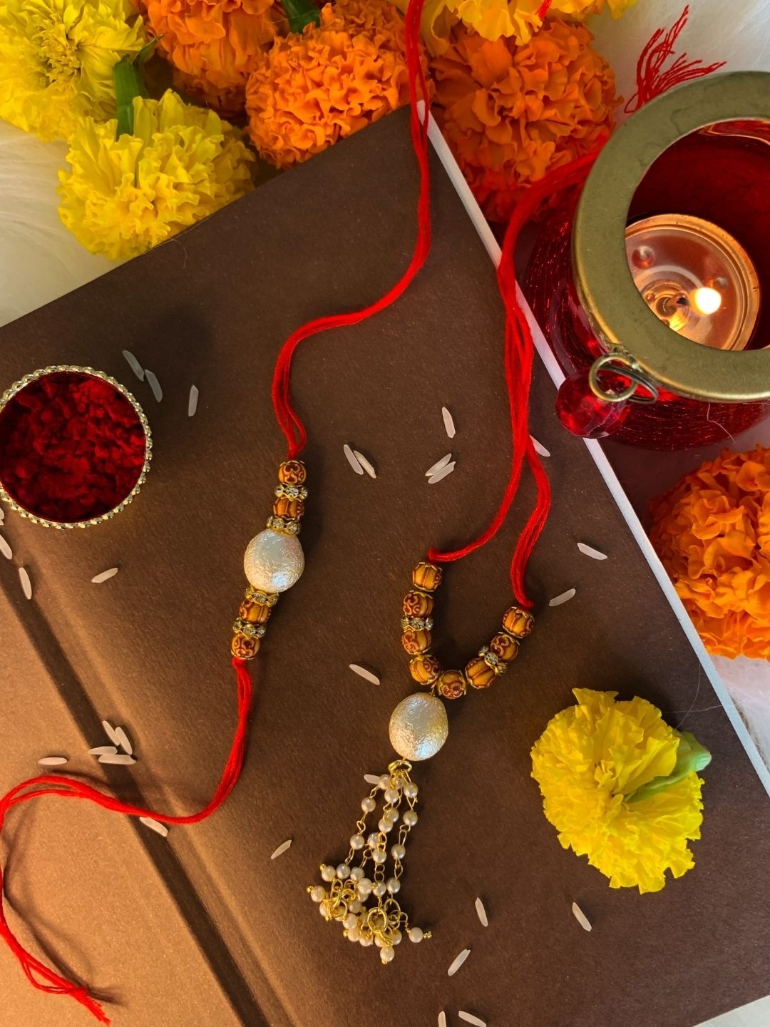 

I Jewels Set of 2 Brown & White Embellished Rakhi Gift Set