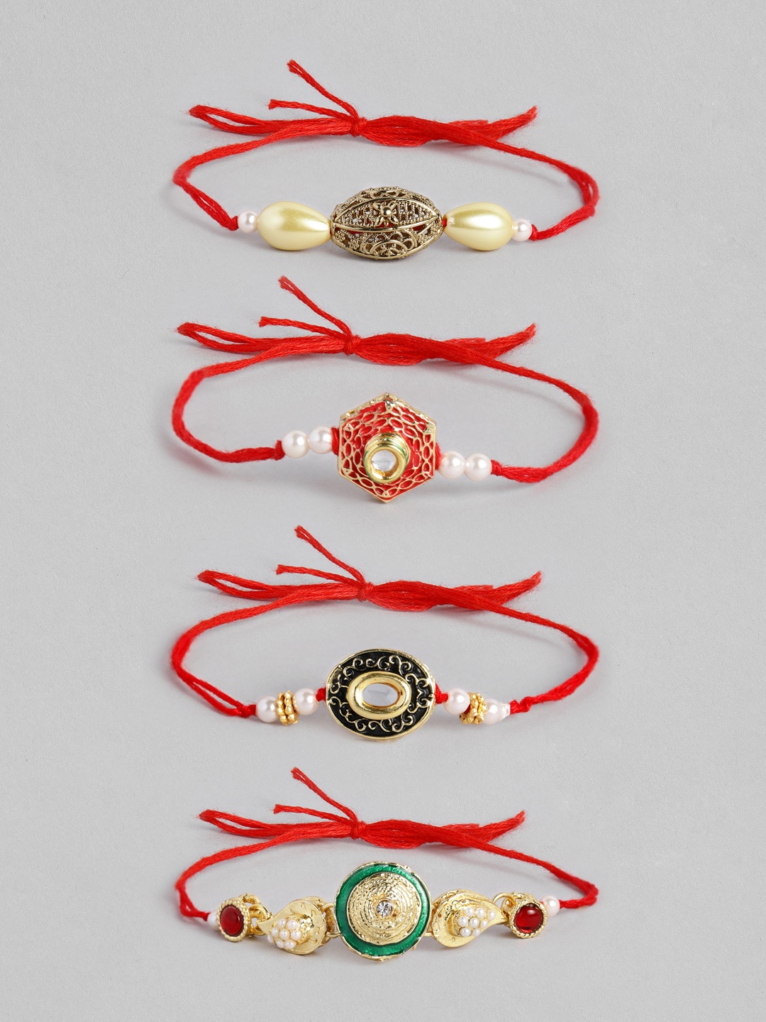 

I Jewels Set of 4 Stone Studded & Beaded Enamel Rakhi, Red
