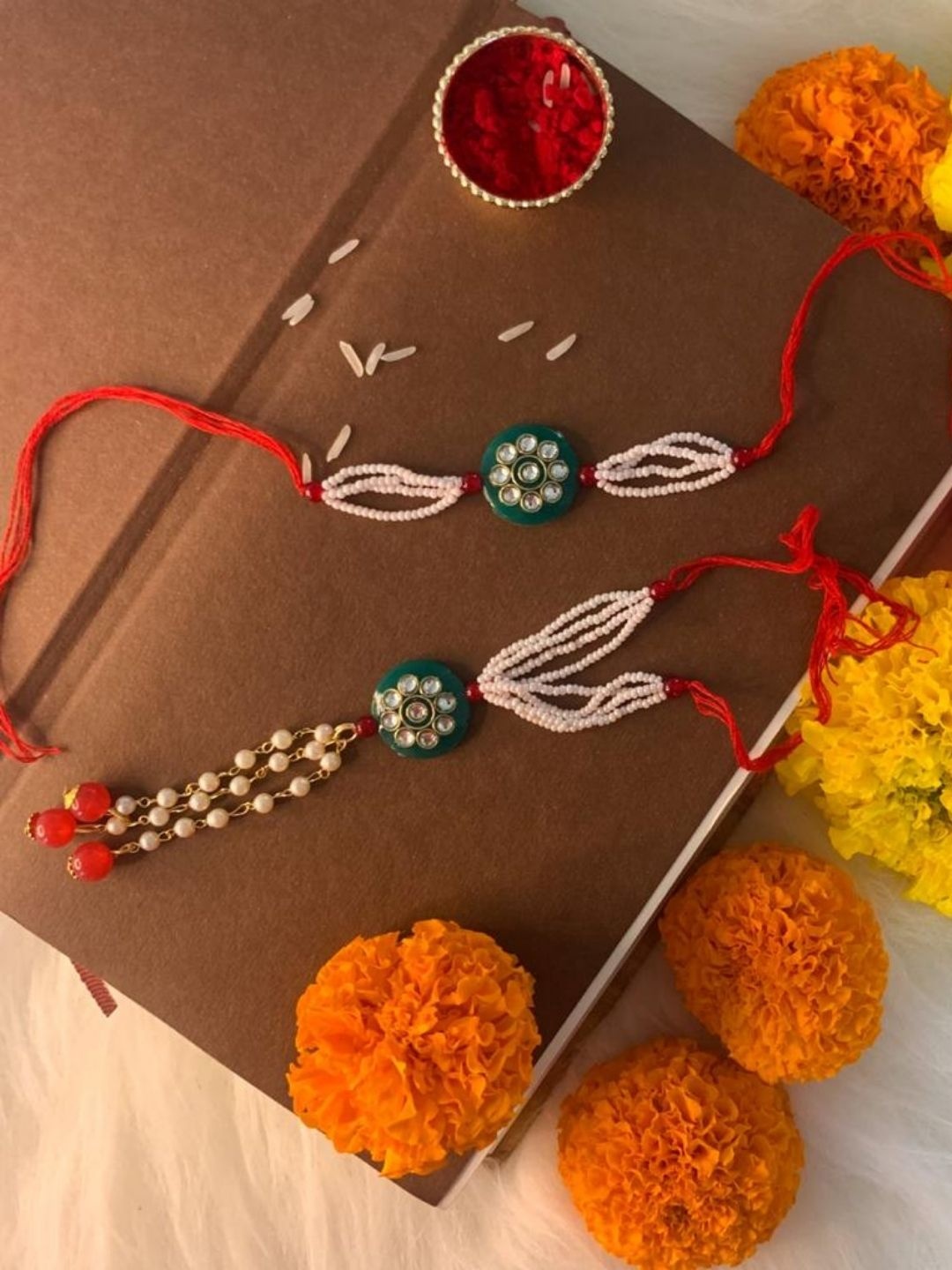 

I Jewels Set Of 2 Green & White Stone Studded & Beaded Bhaiya Bhabhi Rakhis
