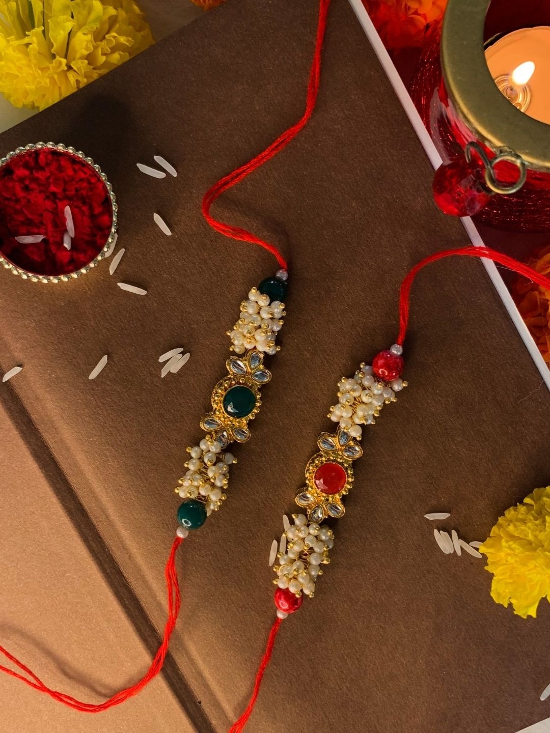 

I Jewels Set of 2 Green & Red Embellished Traditional Thread Rakhis