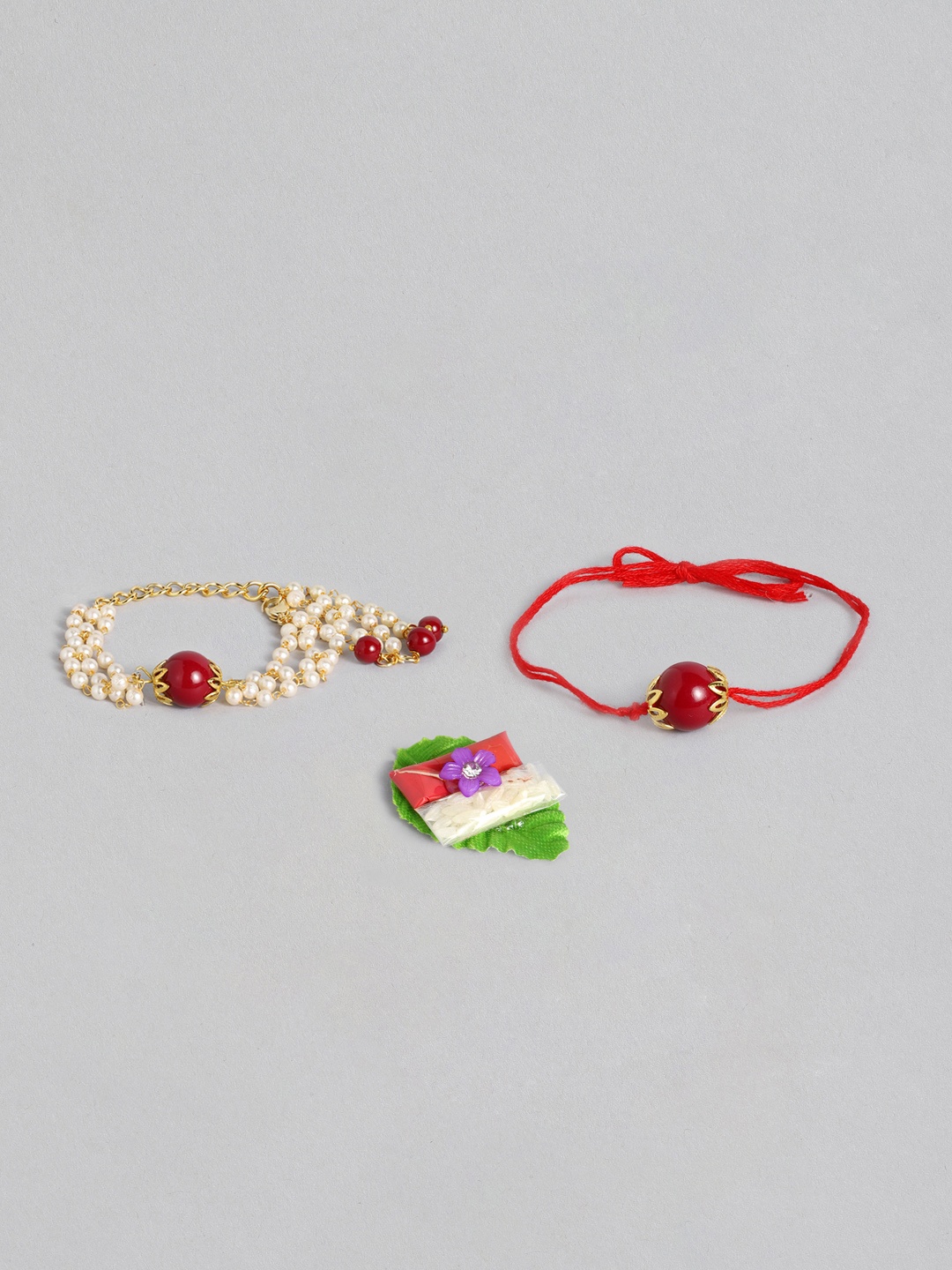 

I Jewels Set Of 2 Maroon & White Beaded Bhaiya Bhabhi Rakhis