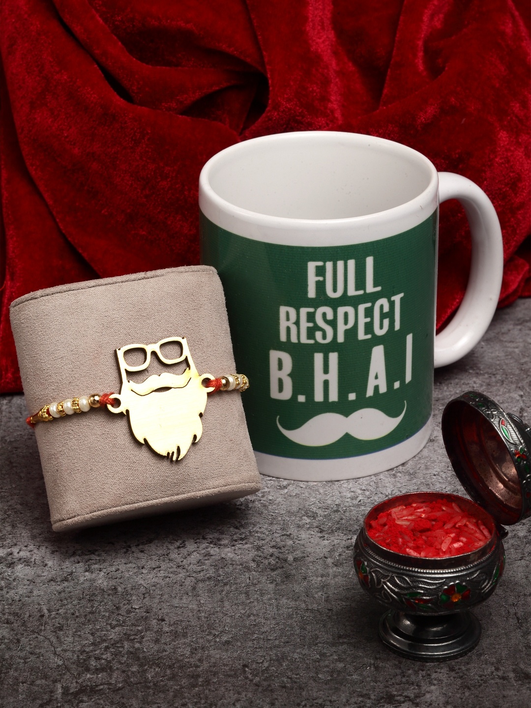 

PANASH Gold-Toned Fancy Rakhi With Mug & Roli Chawal Gift Set