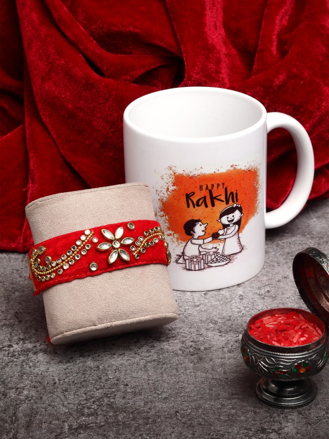 

PANASH Red & Gold-Toned Kundan Rakhi With Happy Rakhi Mug