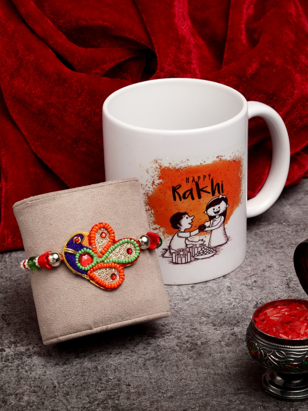

PANASH Multicolored Beaded Mauli Rakhi With Happy Rakhi Mug & Roli Chawal, Multi