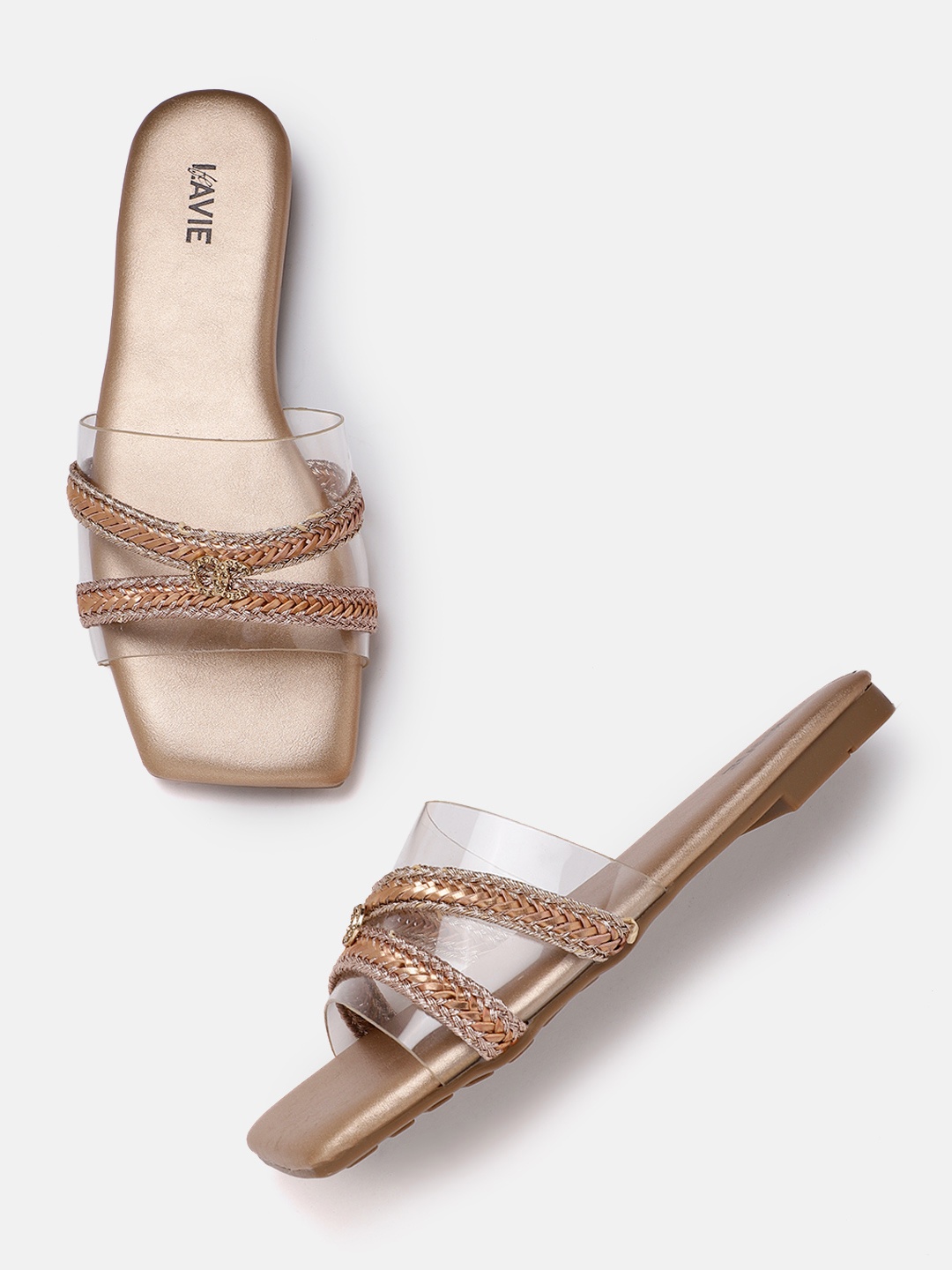 

Lavie Women Rose Gold-Toned & Transparent Braided Open Toe Flats