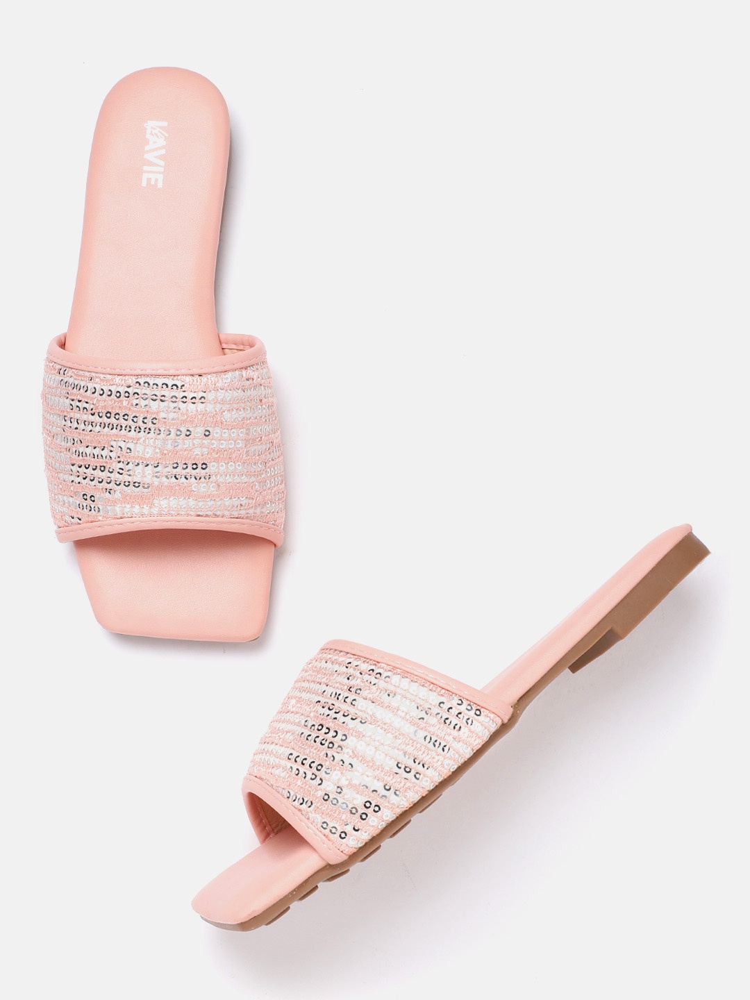 

Lavie Women Peach-Coloured & Silver-Toned Sequinned Open Toe Flats